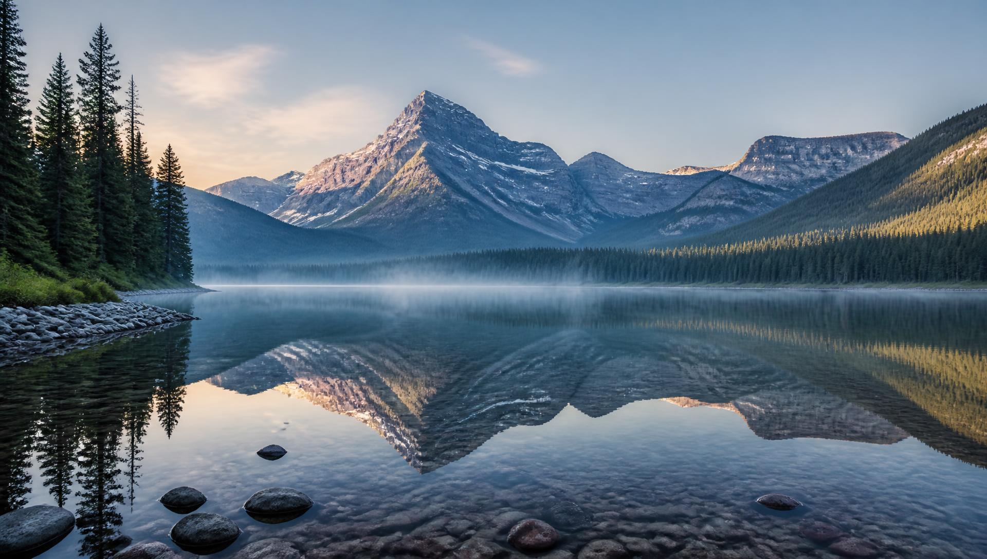 A still alpine lake in Montana reflecting the peaks at first light