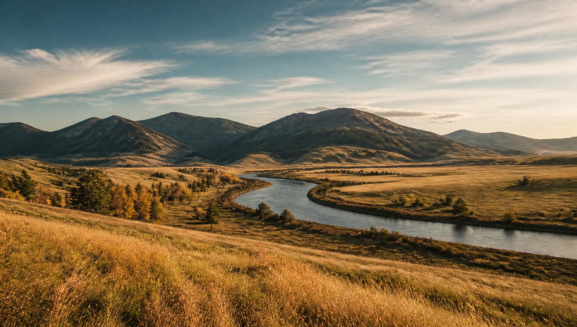 A river winding through a golden Montana valley in late afternoon light
