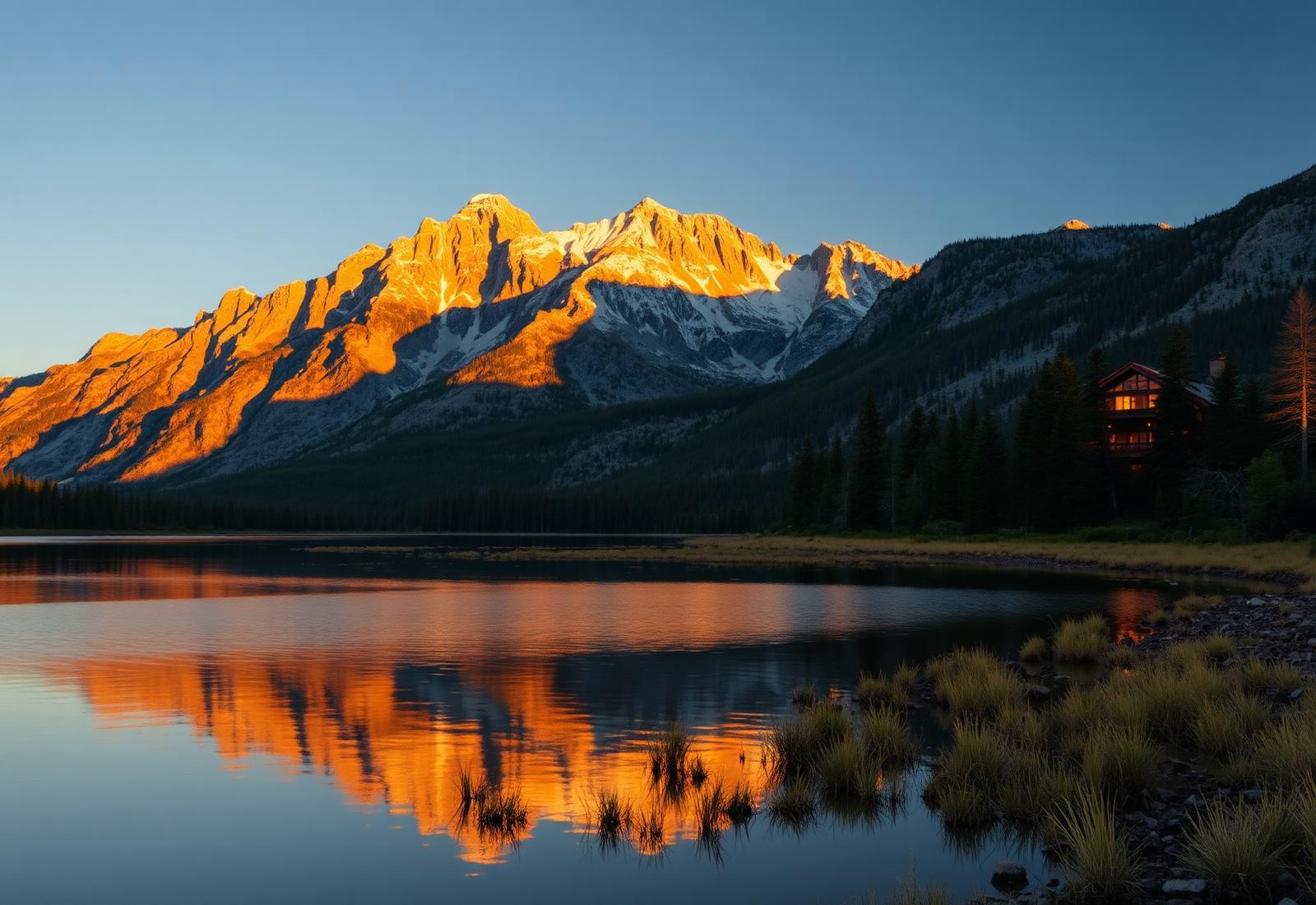 Montana mountain lake at golden hour with a timber retreat lodge along the shoreline