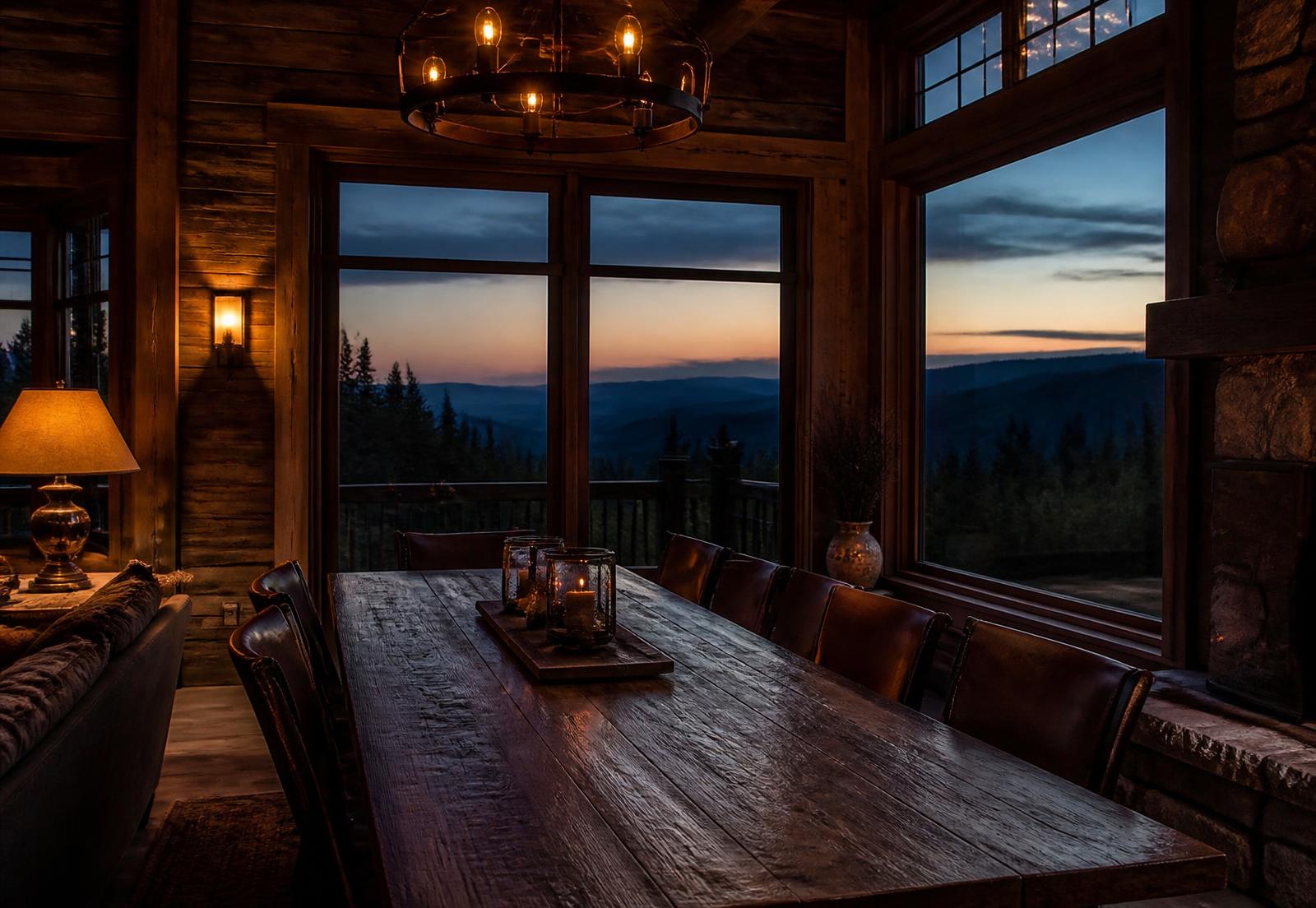 Long wooden table in a Montana mountain lodge at dusk, set for a leadership retreat
