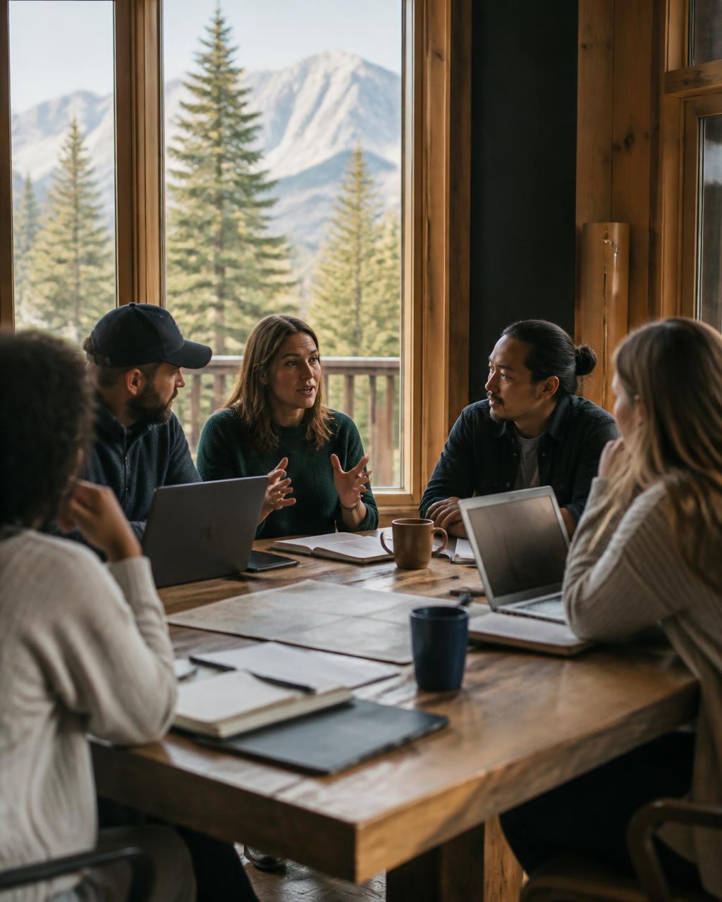 A team working together around a table in a Montana lodge, laptops open, mountains through the window